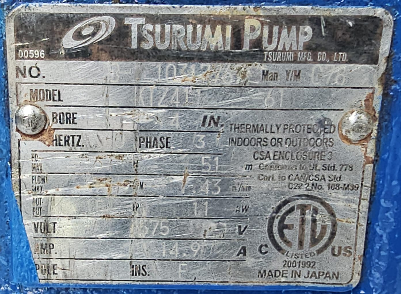 Tsurumi Dewatering Pump Model : KTZ411-61 4”/100 mm 15HP 11Kw 3520 RPM 3-Phase 60 HZ - Image 7
