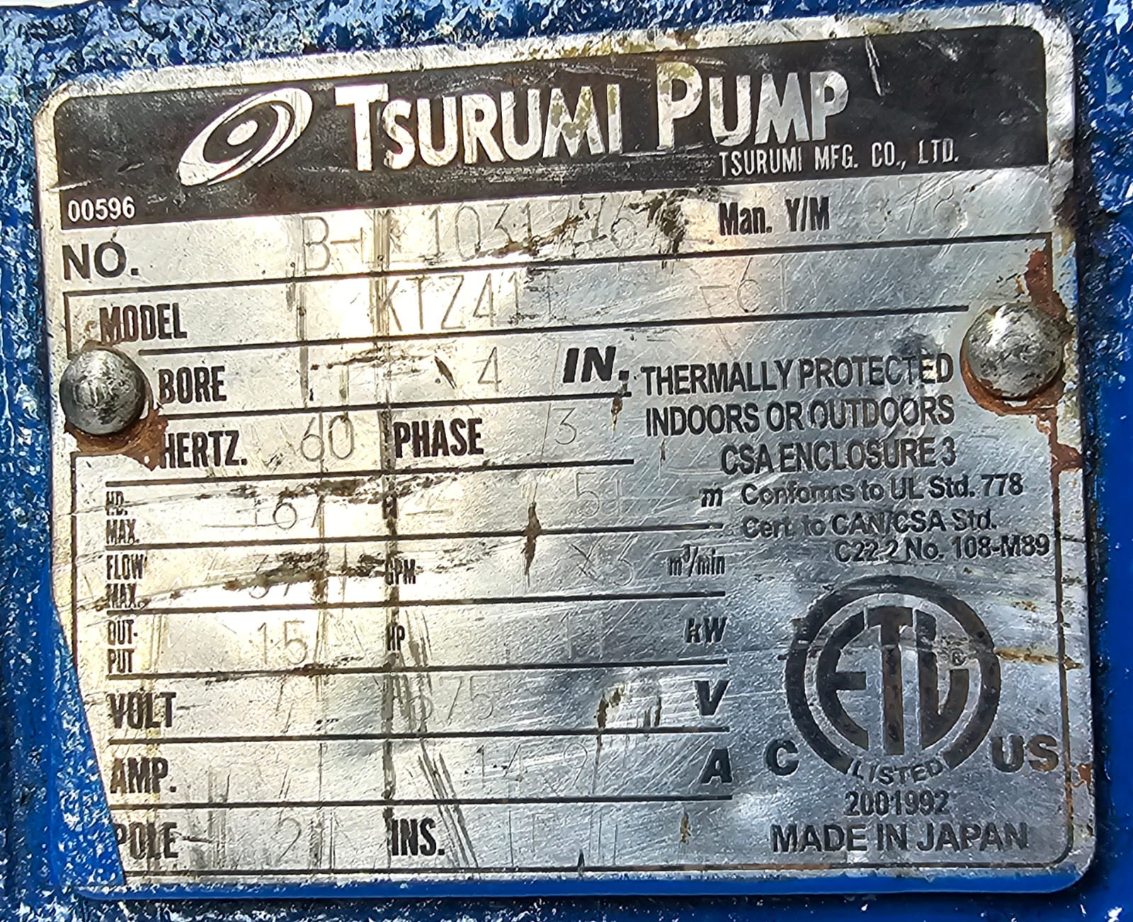 Tsurumi Dewatering Pump Model : KTZ411-61 4”/100 mm 15HP 11Kw 3520 RPM 3-Phase 60 HZ - Image 3