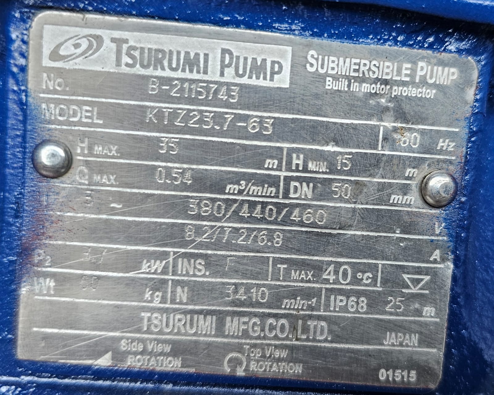 Tsurumi Model:KTZ23.7-63 water pump 142 GPM 5 HP DN 50 MM Head 35 meter 60 Hz 460 V - Image 2