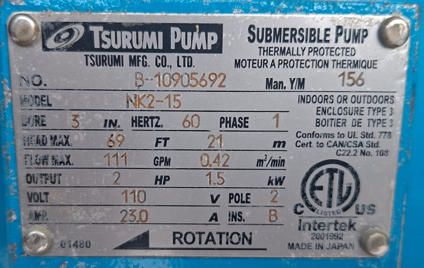 Tsurumi Submersible Pump Model: NK2-15 21 M 111 gpm 2 HO 110 V 60 HZ 3 IN BORE 23 A PHASE 1 PLOE 2 - Image 3