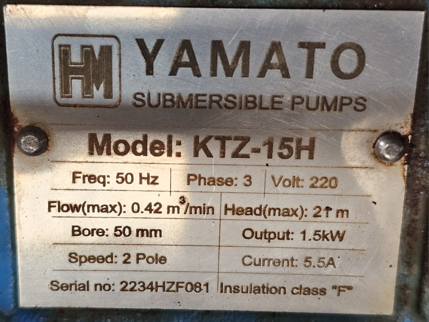 YAMATO Submersible Pump Model: KTZ-15H 0.42 m3/min, Head(max): 21 m, Bore: 50 mm 1.5kW - Image 2