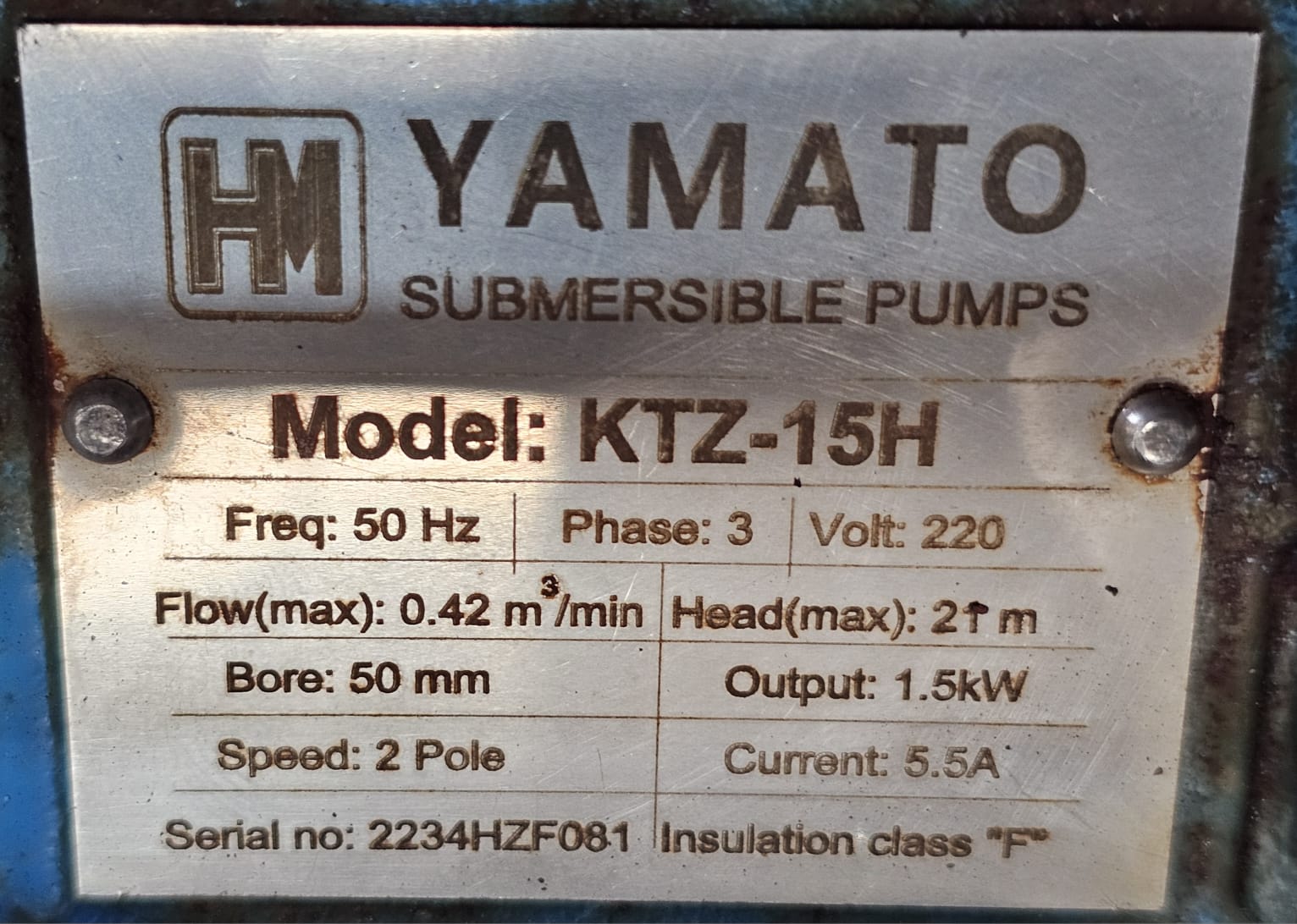 YAMATO Submersible Pump Model: KTZ-15H 0.42 m3/min, Head(max): 21 m, Bore: 50 mm 1.5kW - Image 6