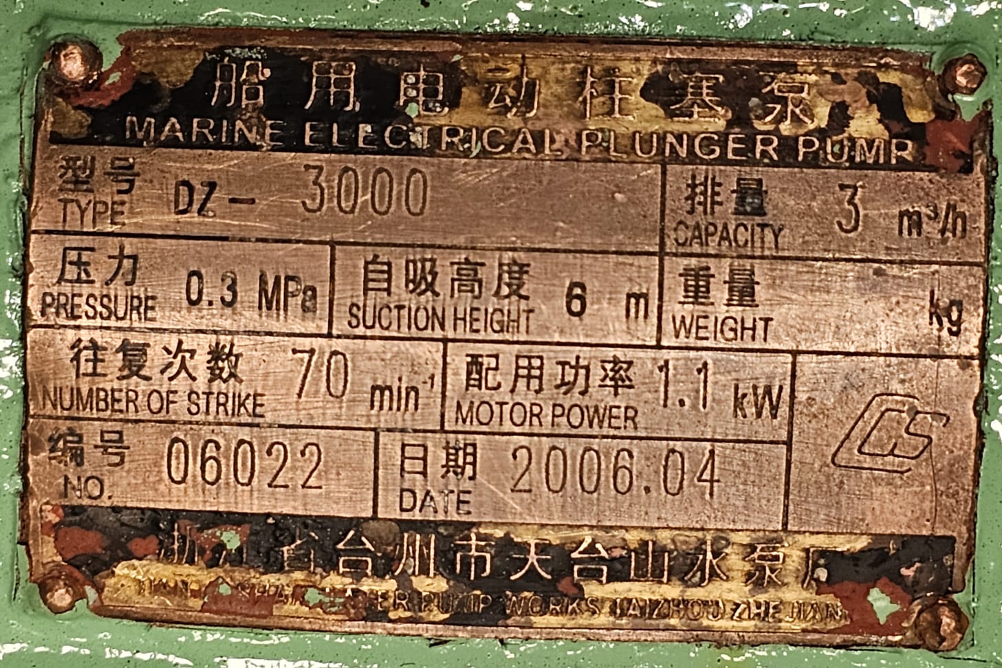 Tiantaishan Marine Plunger Pump DZ-3000 3m3/h 6m - Image 2