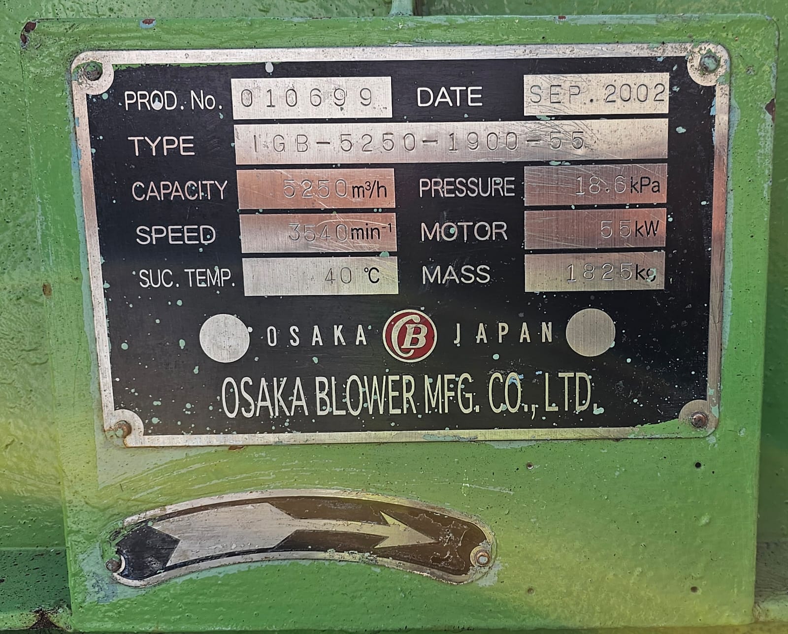 OSAKA BLOWER Model: IGB-5250-1900-55 Prod No: 010699 Capacity: 5250 m³/h Pressure: 18.6 kPa - Image 5