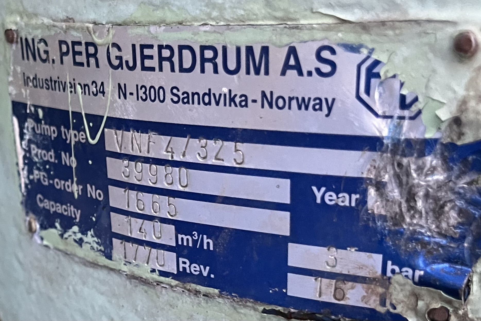 Ing Per Gjerdrum Pump Type:VNF 4/325 140 m3/h 1770 Rev 3 Bar - Image 2