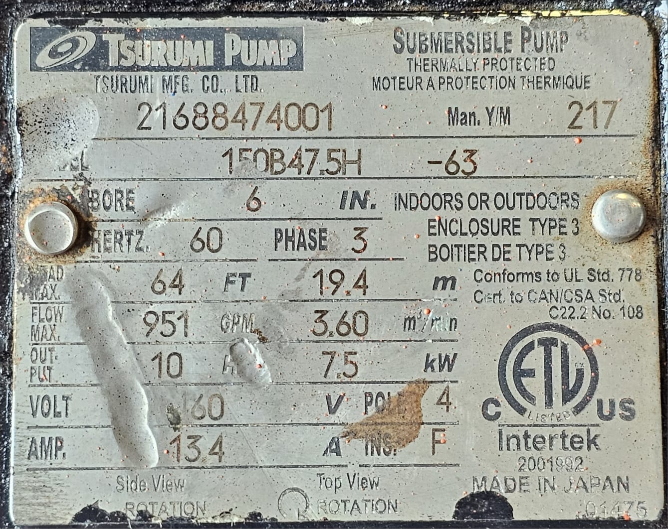 Tsurumi Wastewater Pump Model: 150B47.5H HP 10 GPM 951 64ft Head 460V 60 Hz Used - Image 2