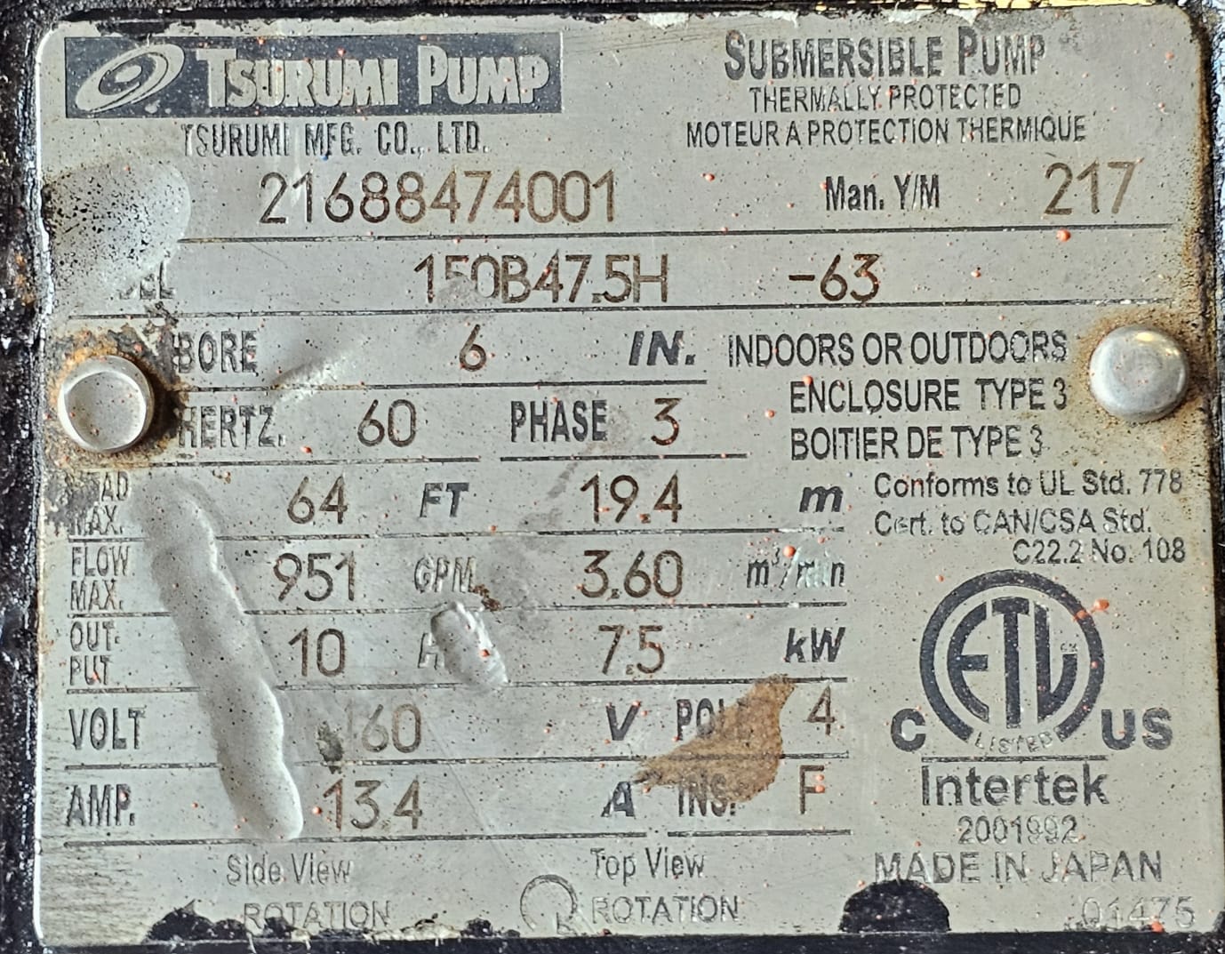 Tsurumi Wastewater Pump Model: 150B47.5H HP 10 GPM 951 64ft Head 460V 60 Hz Used - Image 6
