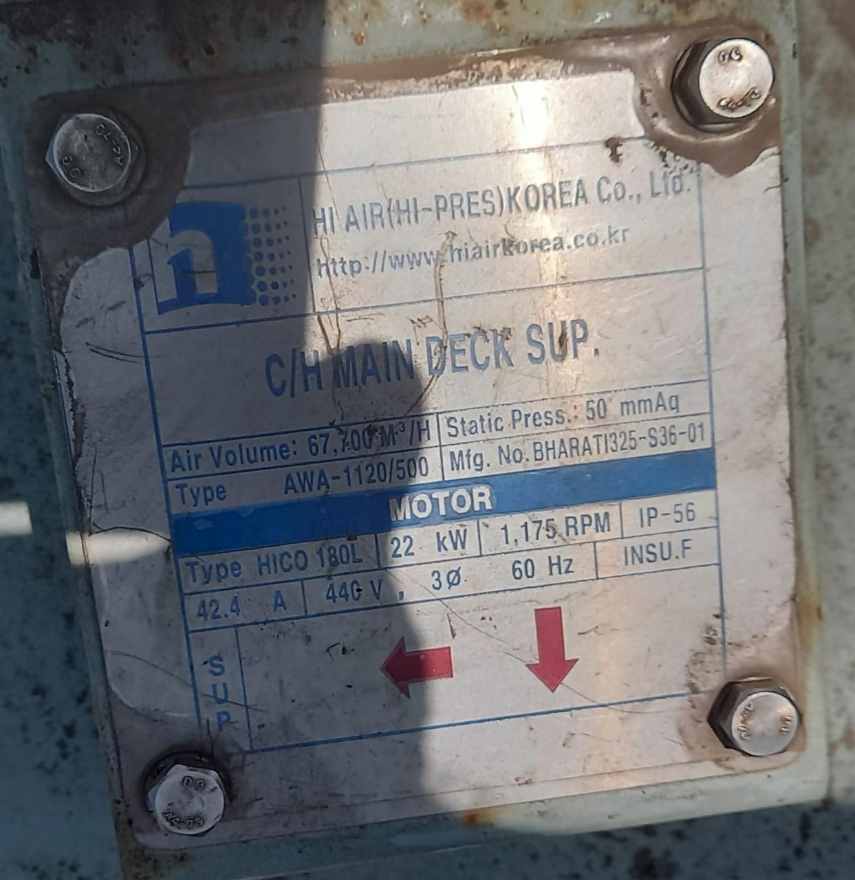 Hi Air Korea Marine Fan Blower Type AWA-1120/500 22 kW 67,200 M³/H - Image 5
