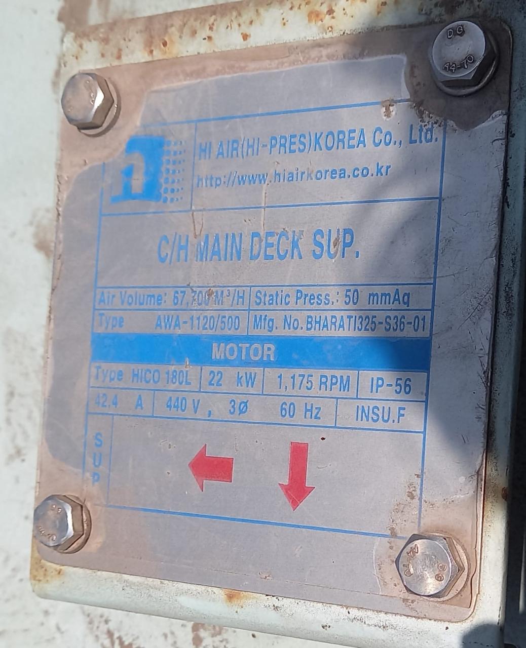 Hi Air Korea Marine Fan Blower Type AWA-1120/500 22 kW 67,200 M³/H - Image 2