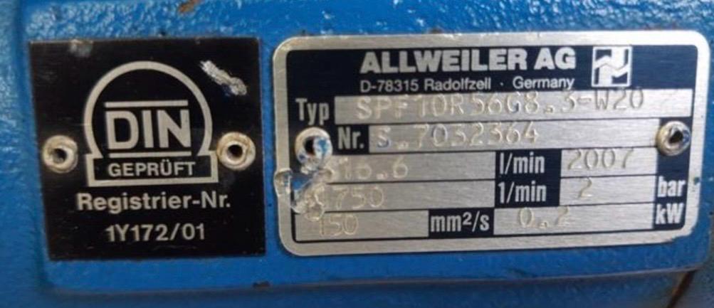 Allweiler Screw Pump Type:SPF10R56G8.3-W20 - 16.6 L/Min - 2 Bar