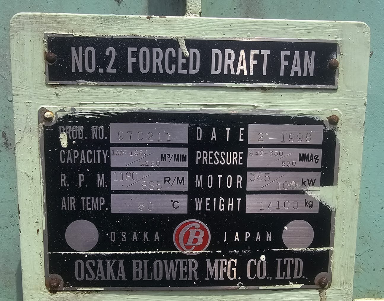 Osaka Blower 1980M3/Min 385kW 942MMAQ Forced Draft IG Blower Inert Gas Plant Blower - Image 3