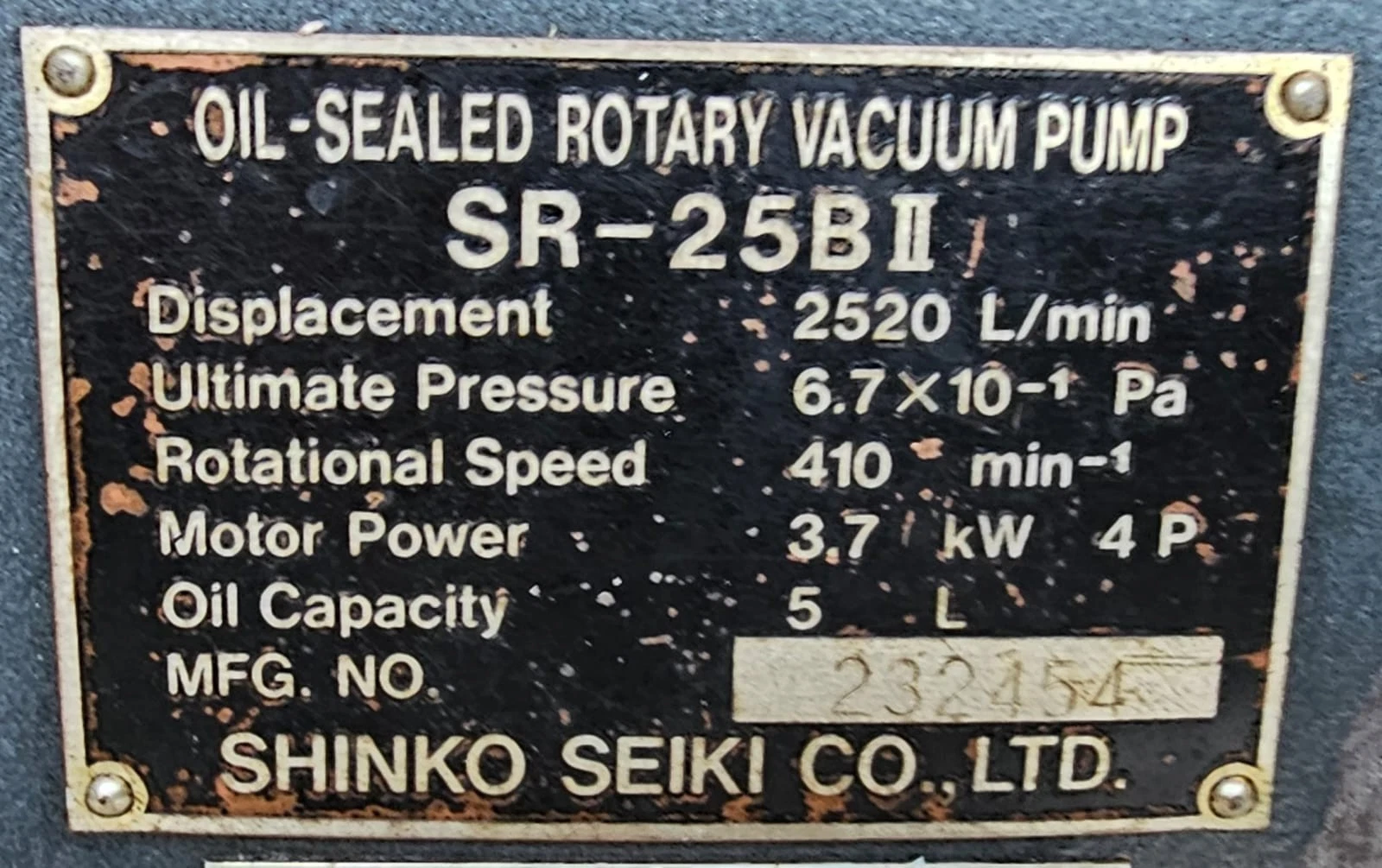 SHINKO SEIKI Oil Sealed Rotary Vaccum Pump Type:SR-25BII - Image 2