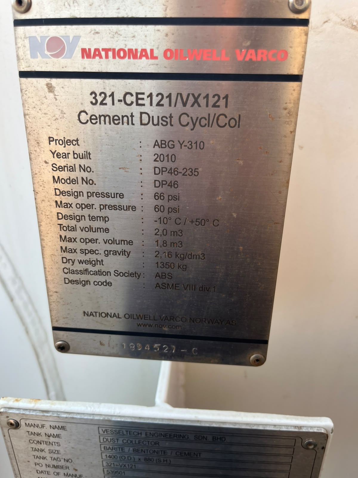 NATIONAL OILWELL VARCO AS Equipment: 321-CE121/VX121 Cement Dust Cycl/Col Model No: DP46 - Image 2